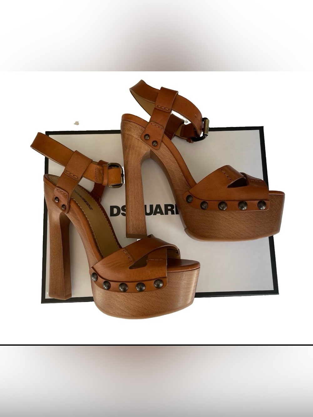 DSQUARED2 2026 Bondage Sandal Clogs Tan Leather Wooden Platform 70’s Inspo 37EU